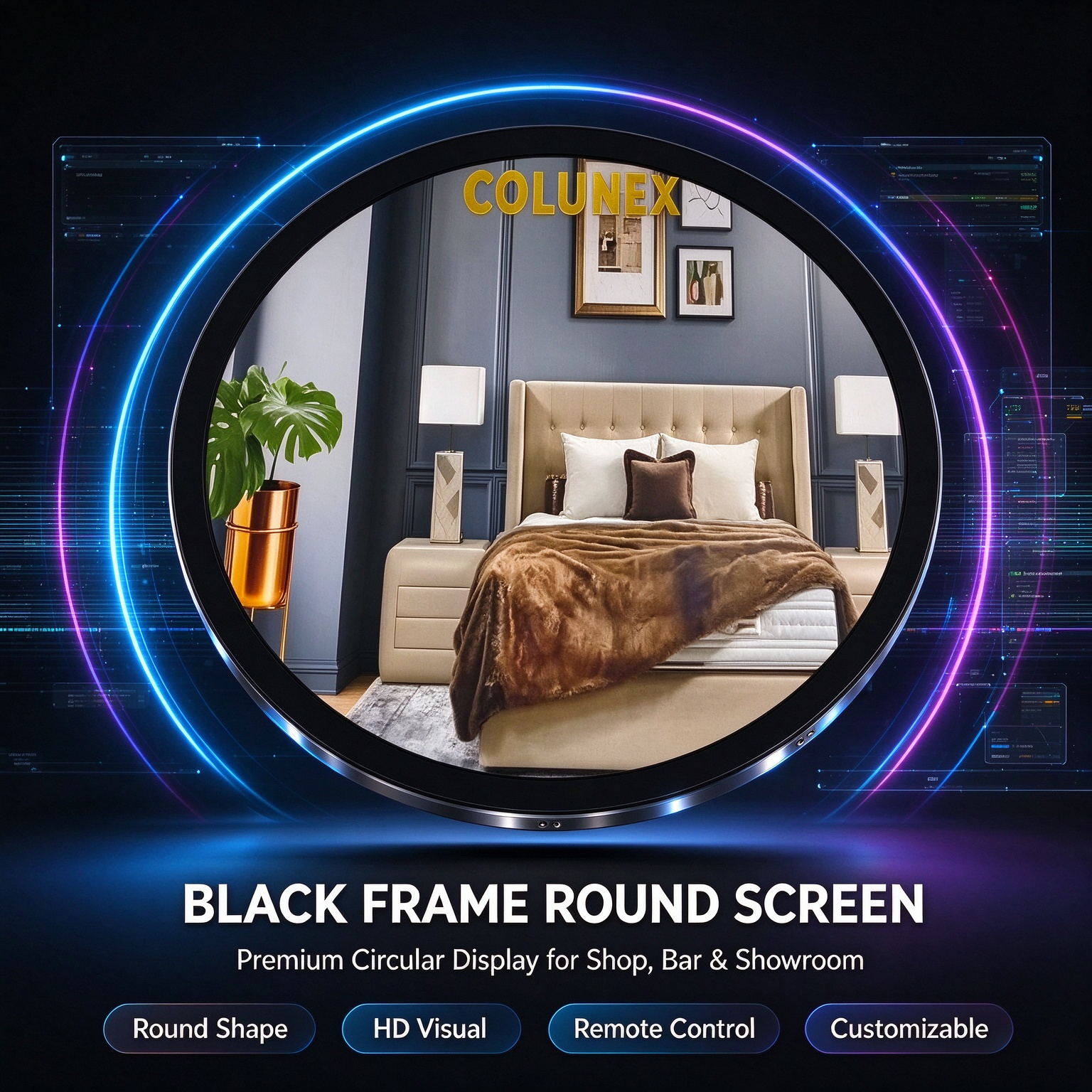 Round LCD Digital Signage with Black Frame, Full Circle Commercial Advertising Display for Shop Bar Exhibition Round LCD Screen - Image 4