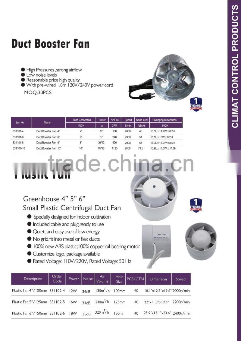 Diameter 100mm to 200mm Plastic Inline Mixed Flow Extractor Fan