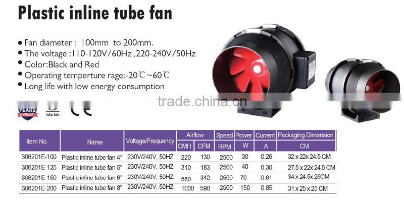 Diameter 100mm to 200mm Plastic Inline Mixed Flow Extractor Fan