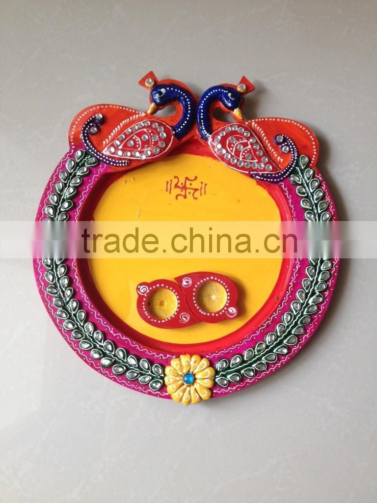 Hand crafted Gift Wooden Decor Paper Mache Thali Peacock Design