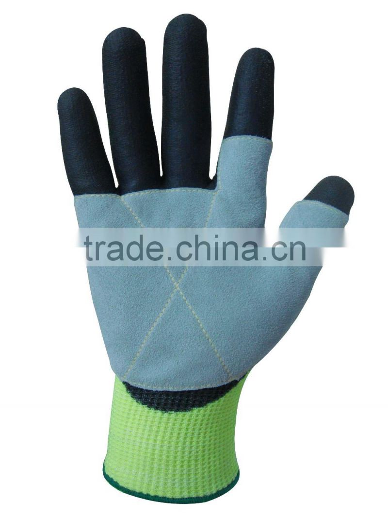 10G Hppe Liner Cow Split Leather Palm PU Coated Work Glove-5540
