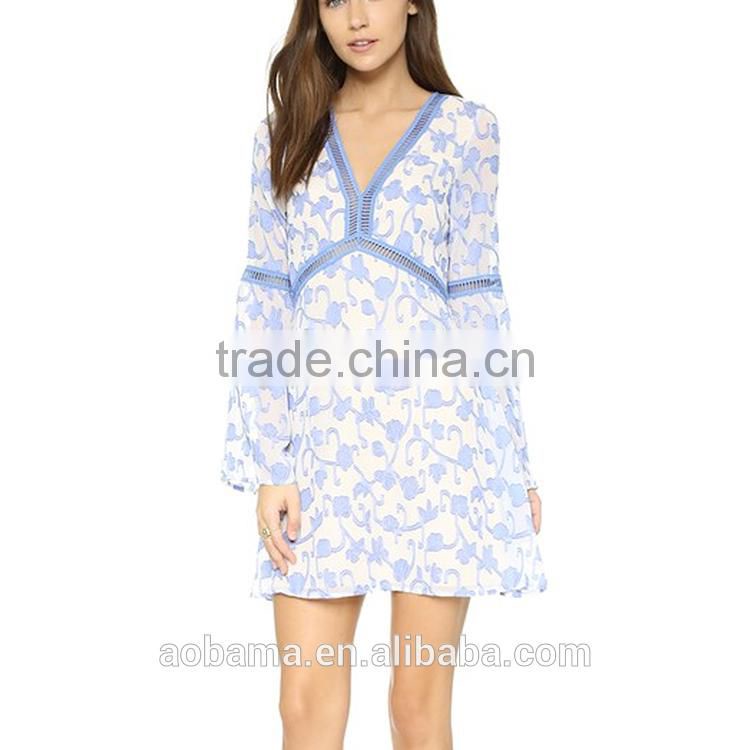 New fashion latest design lady long sleeve printed women chiffon dress