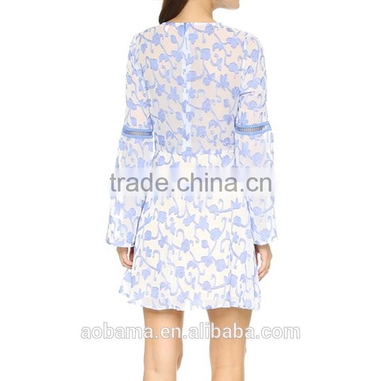 New fashion latest design lady long sleeve printed women chiffon dress