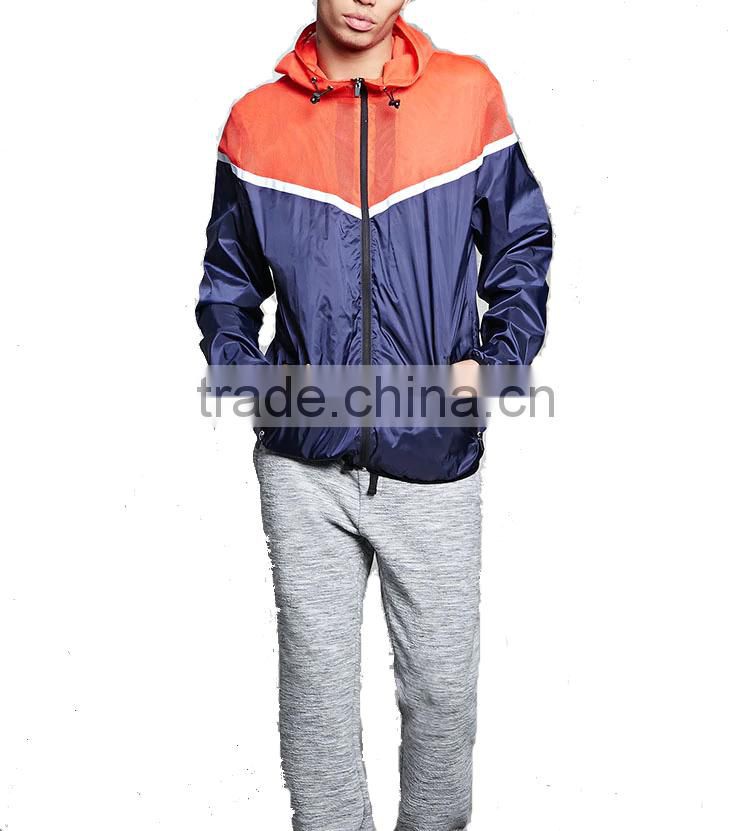 fashion men's Spliced mesh hooded windbreaker coat