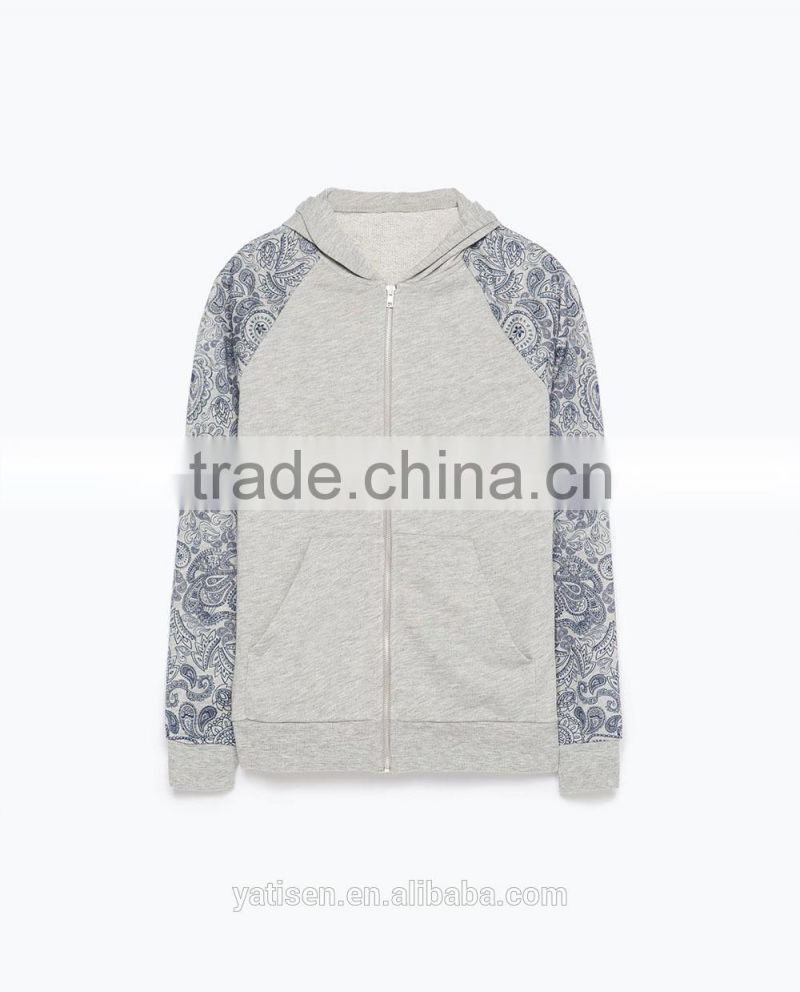 Hooded sweatshirt with Paisley print sleeves and Front kangaroo pockets Zip closure casual hoodies for men