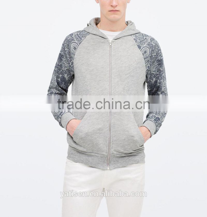 Hooded sweatshirt with Paisley print sleeves and Front kangaroo pockets Zip closure casual hoodies for men
