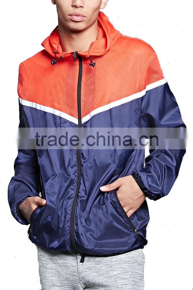 fashion men's Spliced mesh hooded windbreaker coat