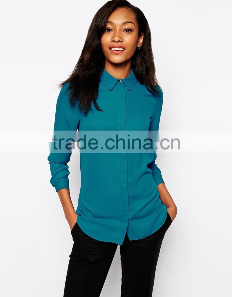 hot sale latest twist back designed button shirt women plain blue long sleeve fashion shirt