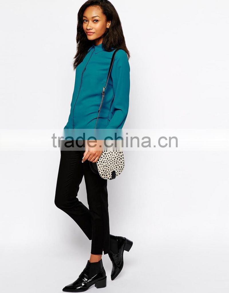 hot sale latest twist back designed button shirt women plain blue long sleeve fashion shirt