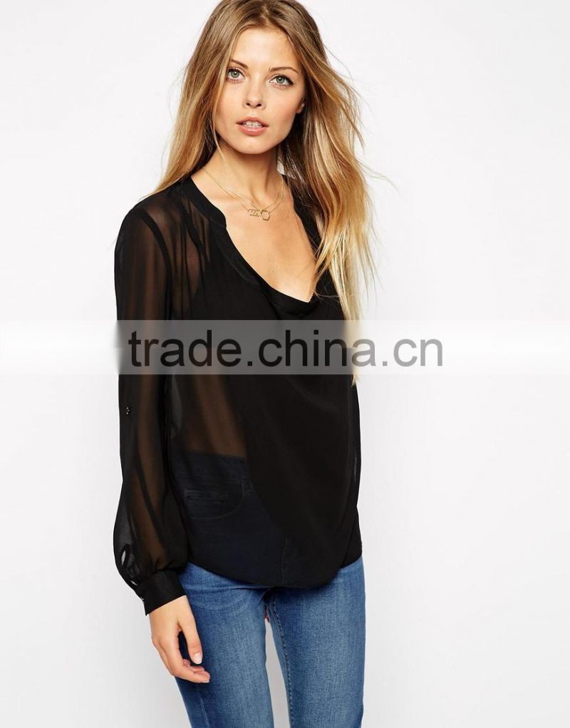 hot sale fashion girls hot sexy blouse new designed plain black chiffon sheer blouse