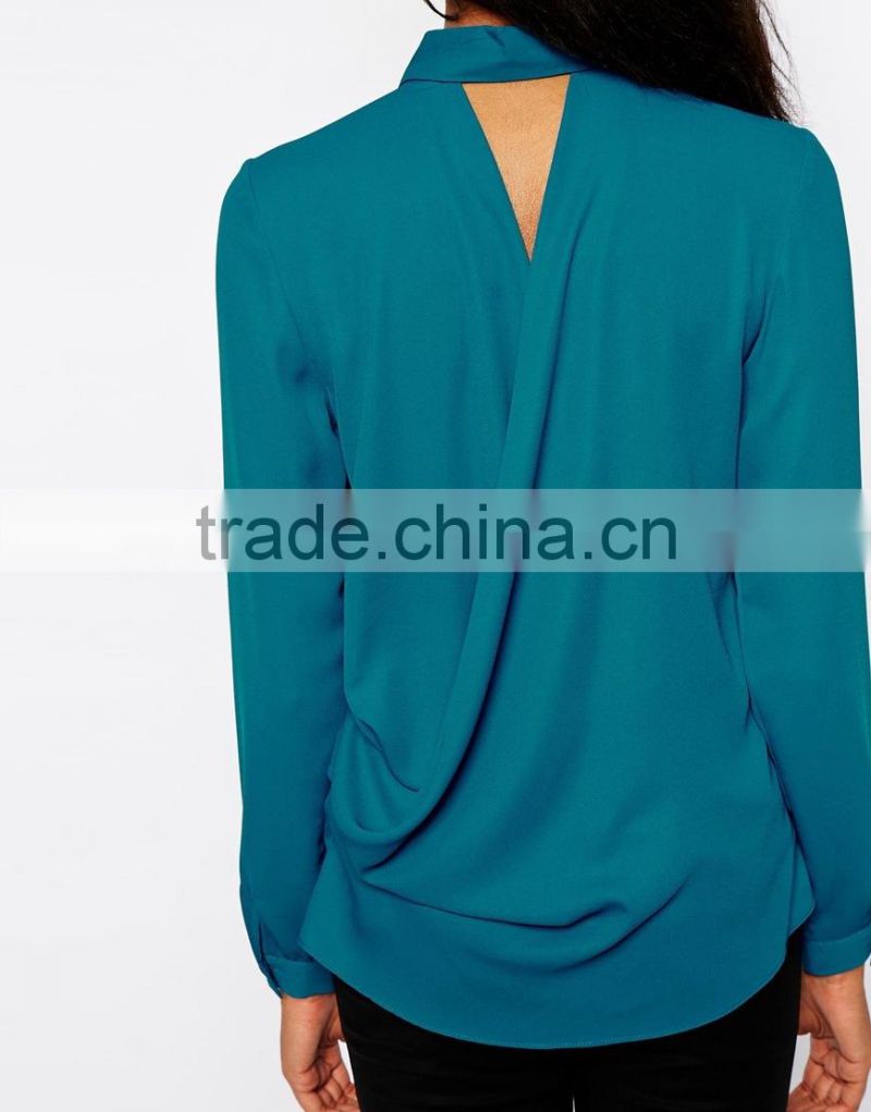 hot sale latest twist back designed button shirt women plain blue long sleeve fashion shirt