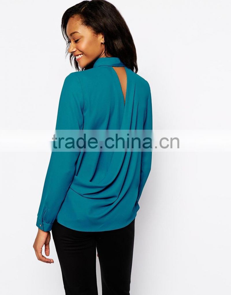 hot sale latest twist back designed button shirt women plain blue long sleeve fashion shirt