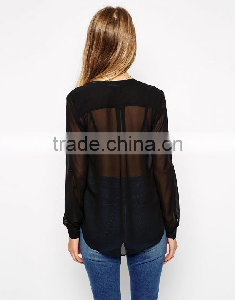 hot sale fashion girls hot sexy blouse new designed plain black chiffon sheer blouse
