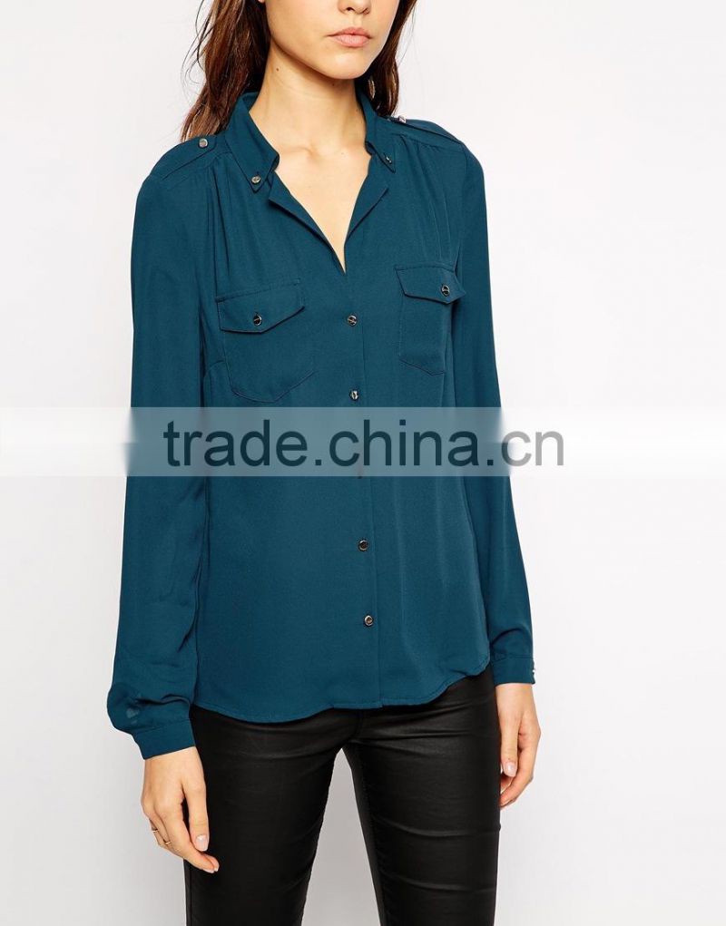 hot selling latest designed button shirt plain blue long sleeve fashion woman shirt