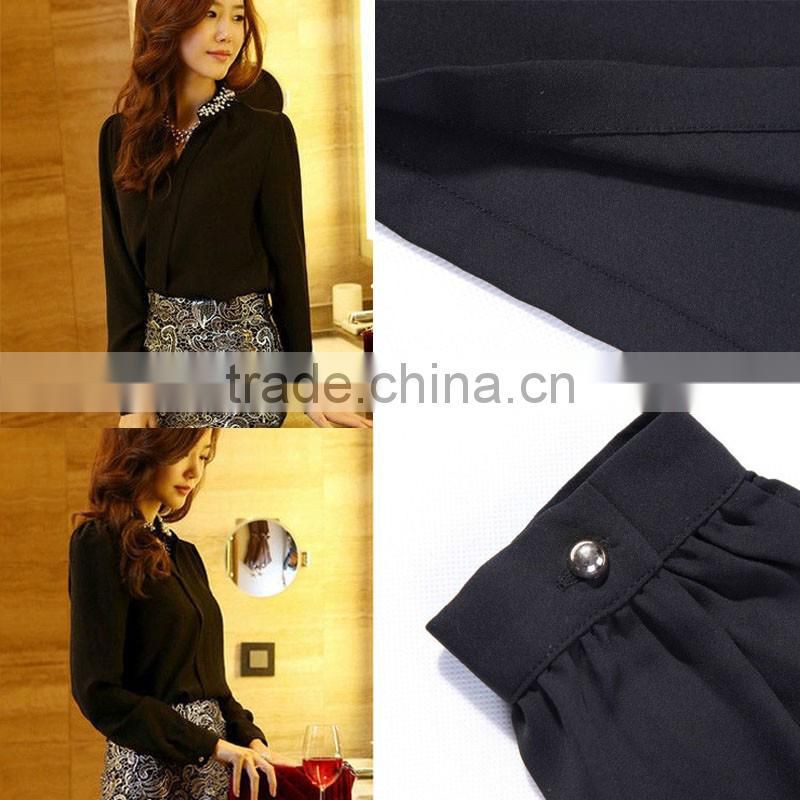 long sleeve black chiffon beaded collar blouse women