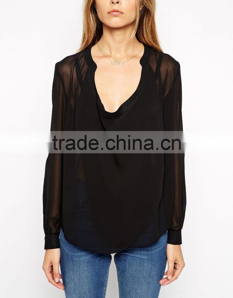 hot sale fashion girls hot sexy blouse new designed plain black chiffon sheer blouse