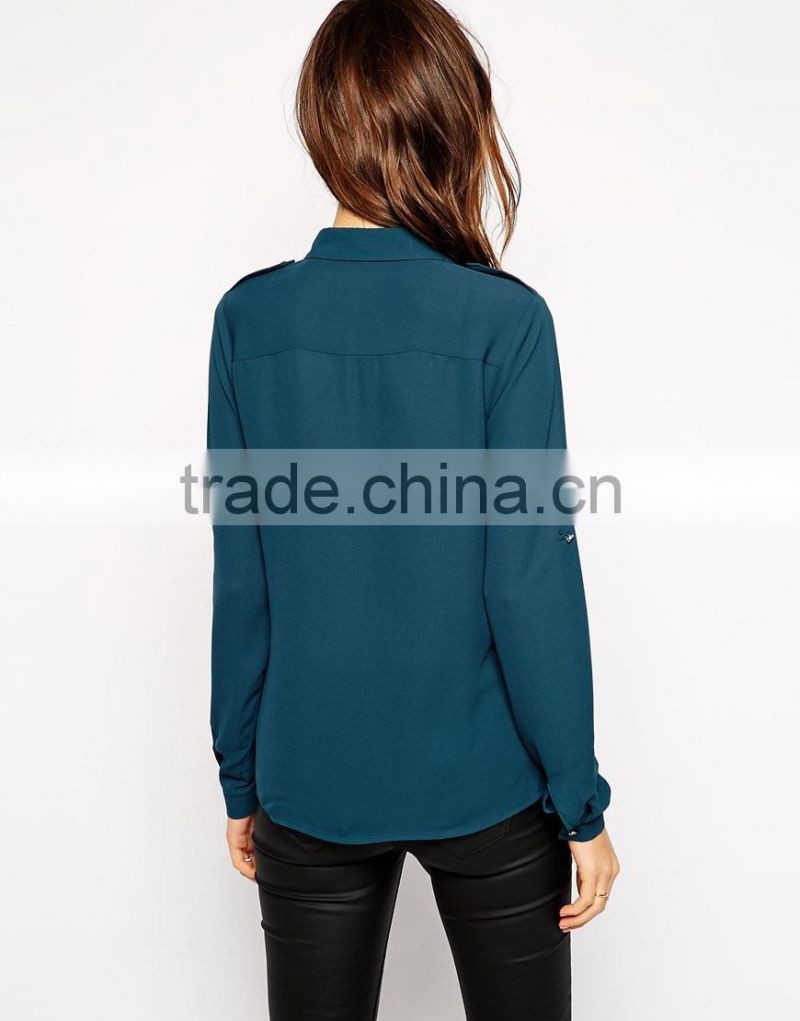 hot selling latest designed button shirt plain blue long sleeve fashion woman shirt