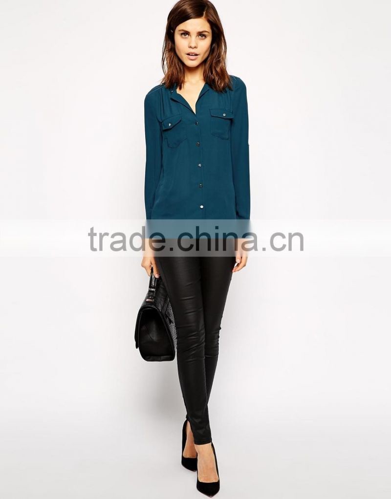 hot selling latest designed button shirt plain blue long sleeve fashion woman shirt