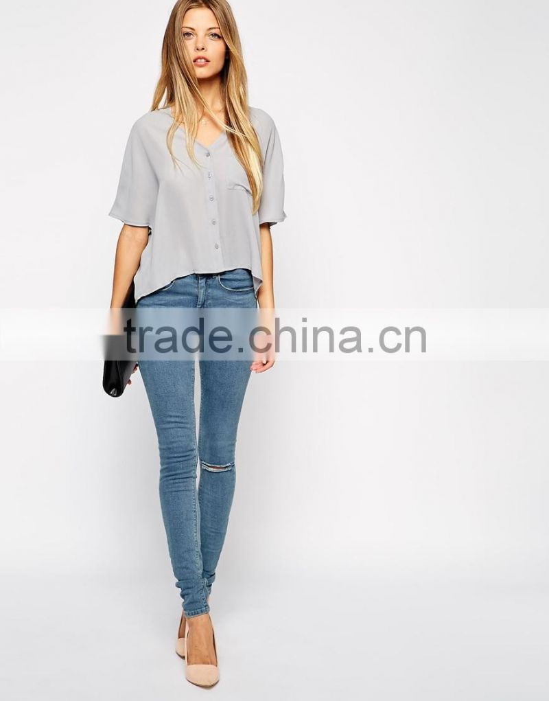 hot sale new designed chiffon cropped top woman latest top fashion blouses 2015