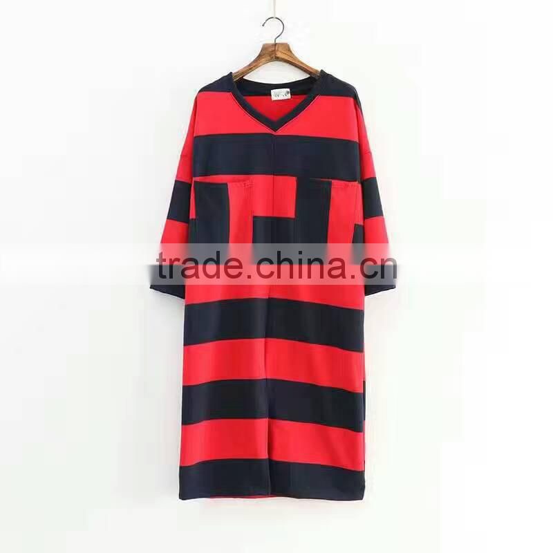 2016 new design pocket long sleeve striped women t shirt dress