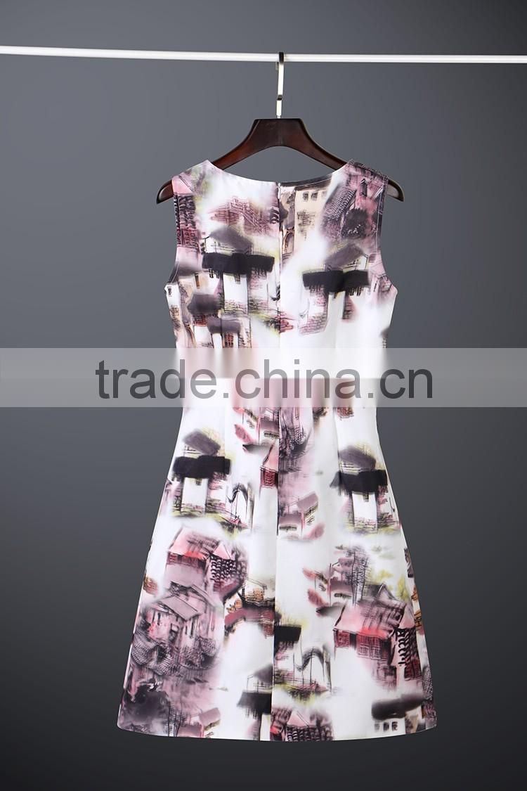 New OEM service two layers 3D printed sleeveless dress with Chinese ink