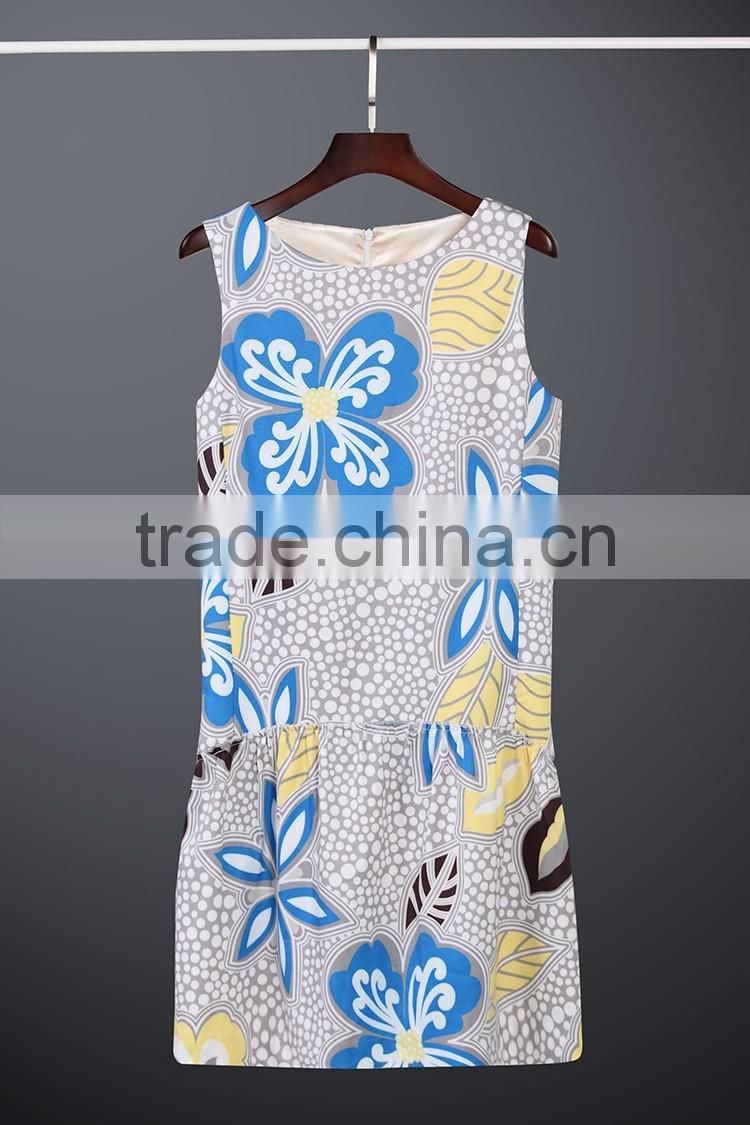 New OEM service two layers 3D printed floral and dot sleeveless dress