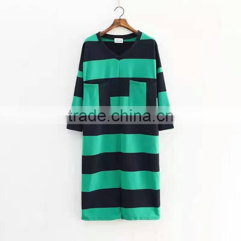 2016 new design pocket long sleeve striped women t shirt dress