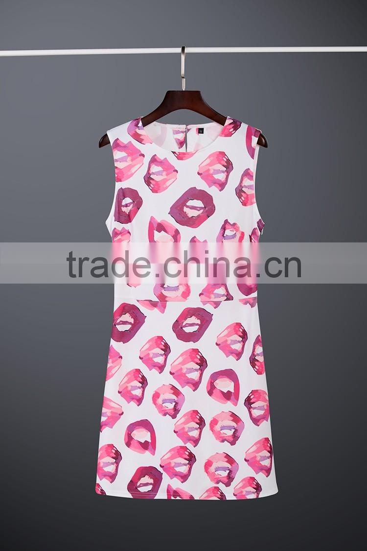 New OEM service two layers sexy lip printed sleeveless vintage dress with sbs zipper