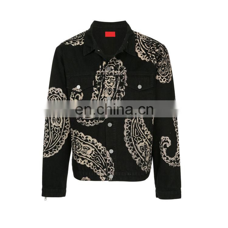 Wholesale Custom High Quality 100% Cotton Black Print Denim Jacket For Men