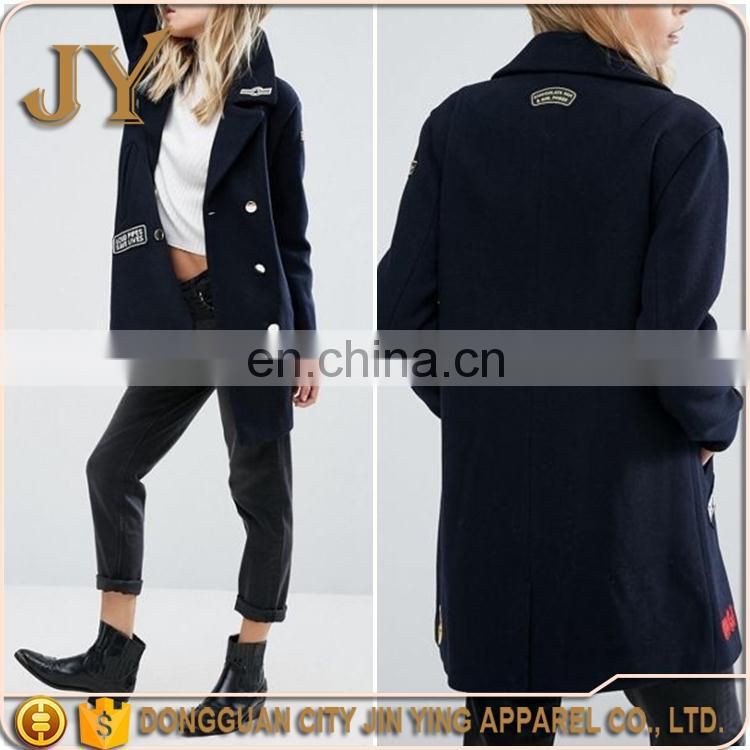 Lastest Women Garment Fashion Navy Embroidered Patch Coats for Wniter Wholesale Supplier