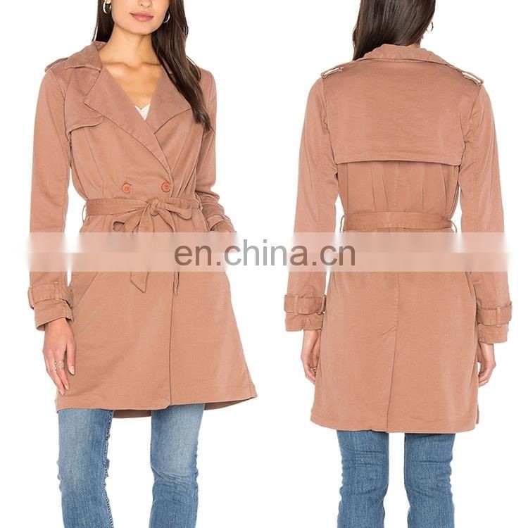 Women Winter Latest Picture Ladies Fashion Trench Coat with Waist Belt in Dongguan