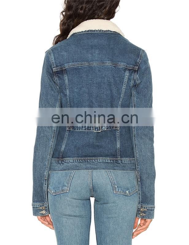 Sexy Girl Denim Back Belt Metal Button Clouse Winter Jackets and Coats with White Fur Lining