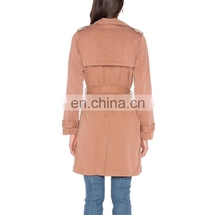 Women Winter Latest Picture Ladies Fashion Trench Coat with Waist Belt in Dongguan