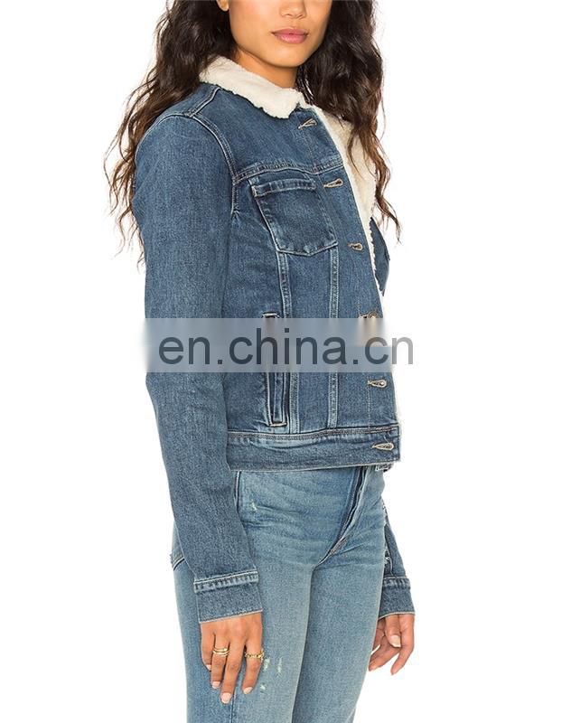 Sexy Girl Denim Back Belt Metal Button Clouse Winter Jackets and Coats with White Fur Lining