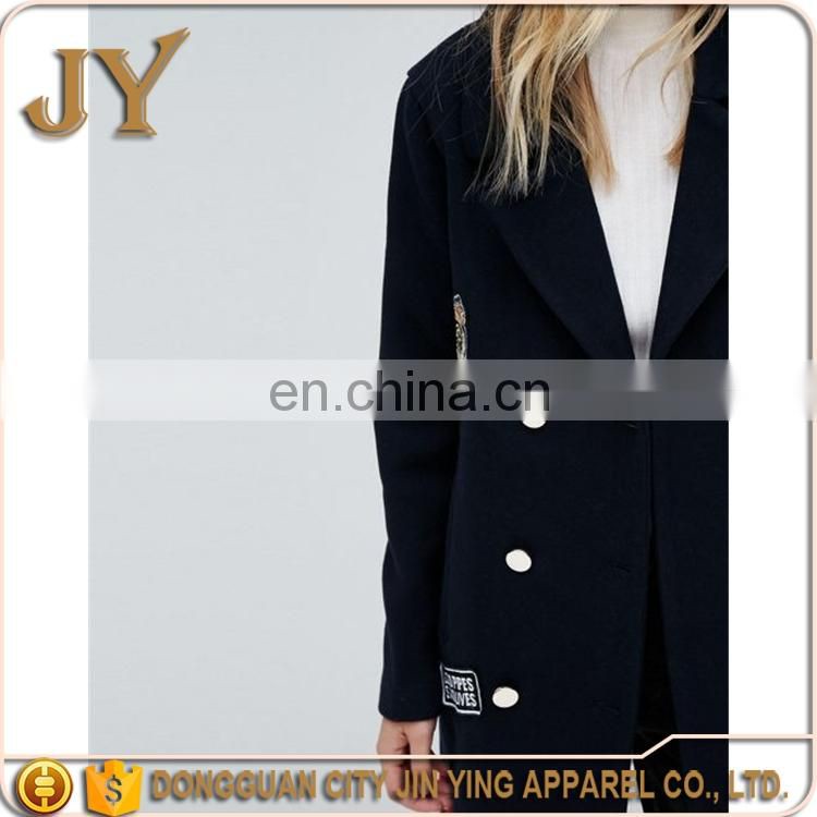 Lastest Women Garment Fashion Navy Embroidered Patch Coats for Wniter Wholesale Supplier