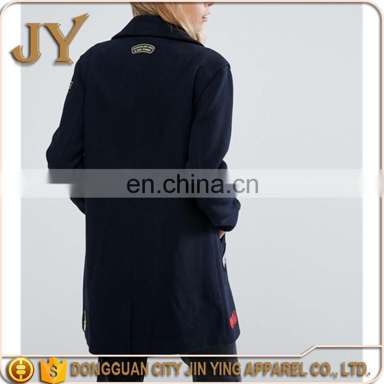 Lastest Women Garment Fashion Navy Embroidered Patch Coats for Wniter Wholesale Supplier