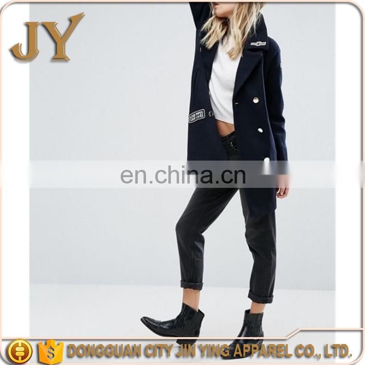 Lastest Women Garment Fashion Navy Embroidered Patch Coats for Wniter Wholesale Supplier