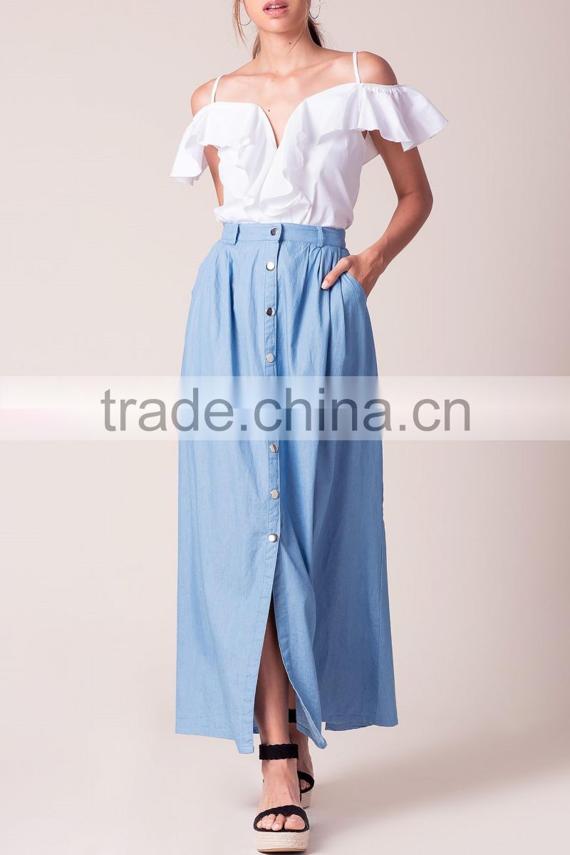2017 New design women button front banded waist chambray maxi skirt