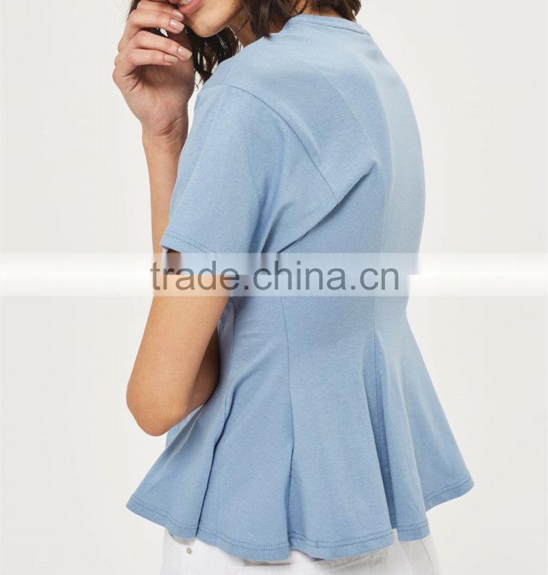 New Design Hot ltem Corset Detailing At Waist Blue Seam T-Shirt 100% Cotton