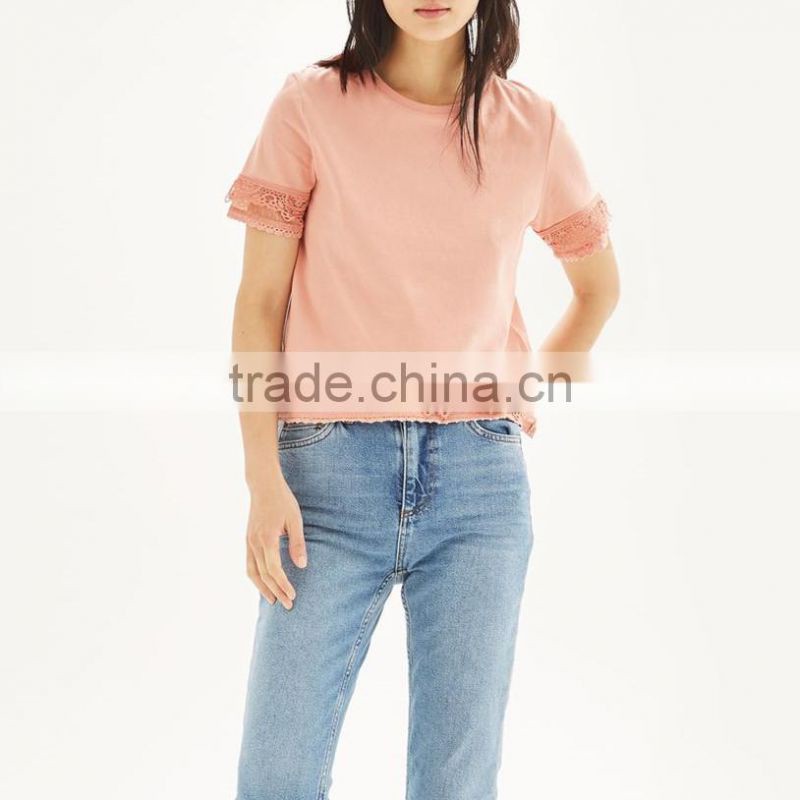 Custom 100% Cotton Dobby Trim Lace Detail T-Shirt Latest Design Girls Top