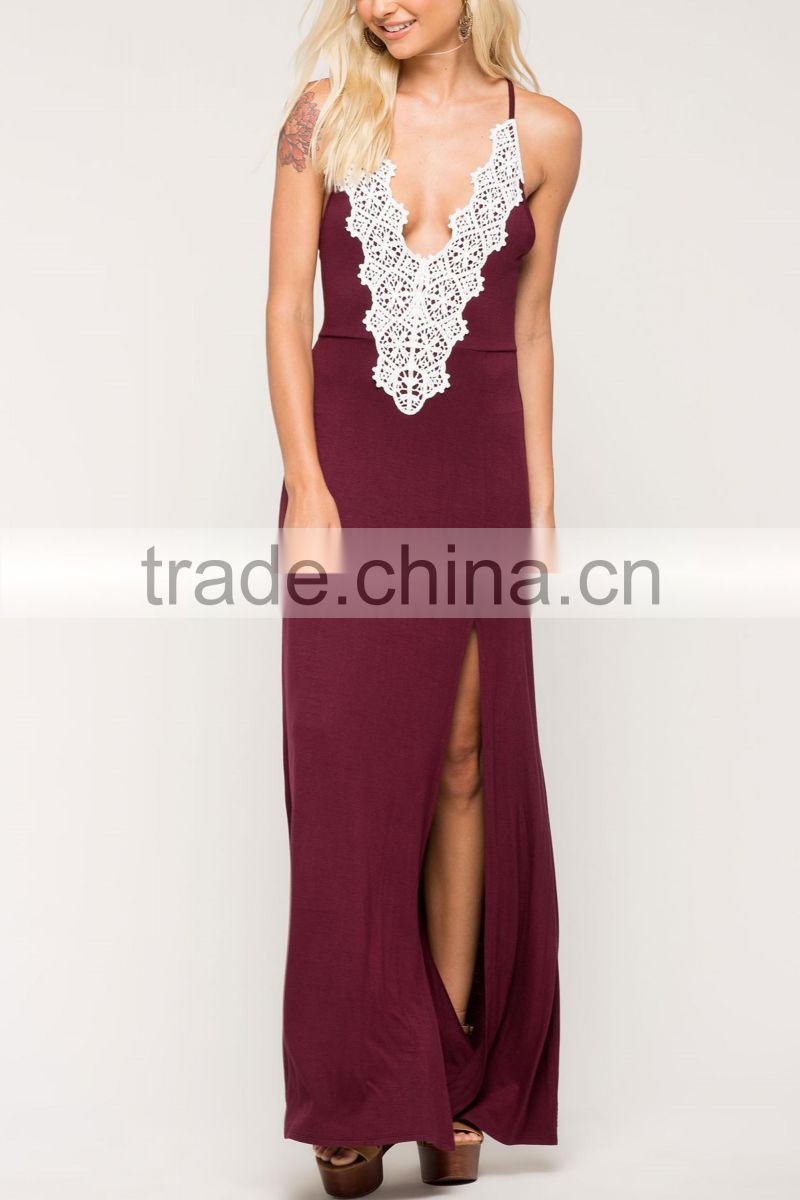 High quality women sexy spaghetti strap deed v neck crochet maxi evening dress