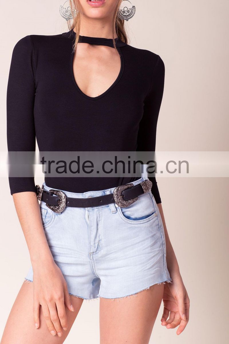 Customized new arrival women 3/4 sleeves center cutout fitted bodysuit