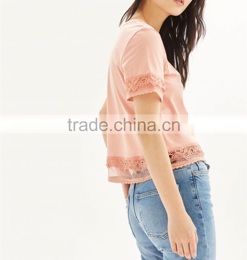Custom 100% Cotton Dobby Trim Lace Detail T-Shirt Latest Design Girls Top