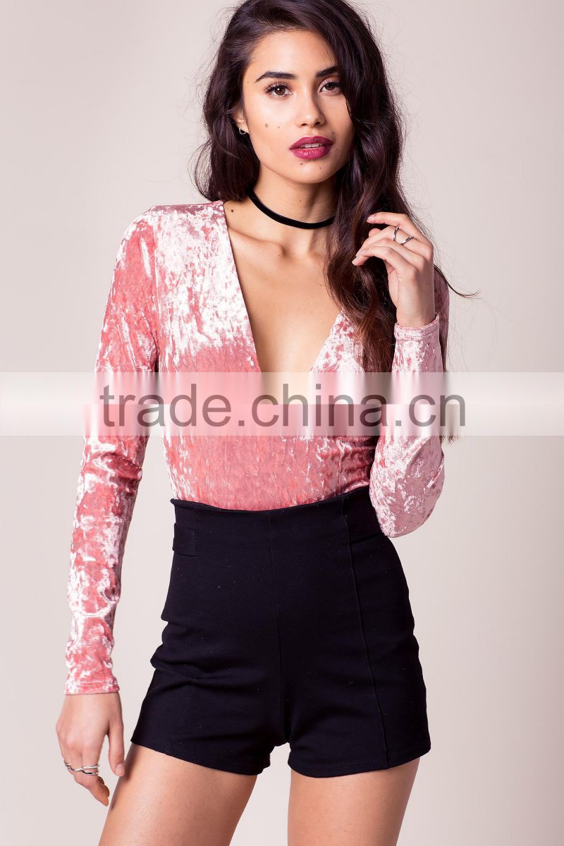 Wholesale women long sleeves sexy deep plunging v neck velvet bodysuit