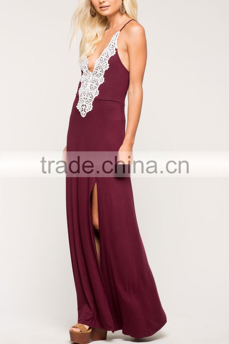 High quality women sexy spaghetti strap deed v neck crochet maxi evening dress
