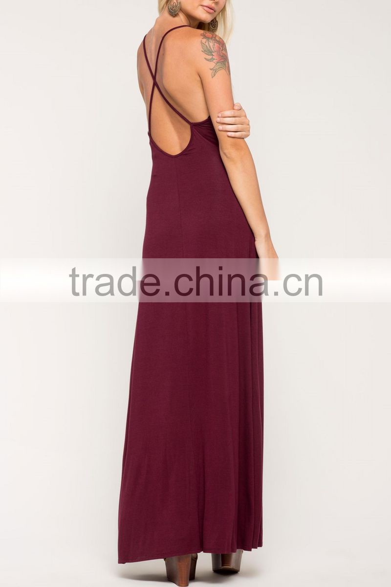 High quality women sexy spaghetti strap deed v neck crochet maxi evening dress