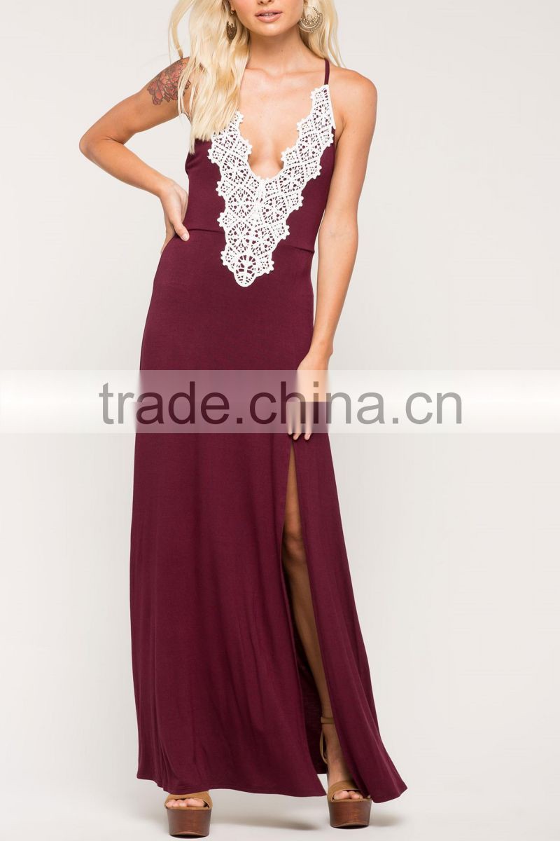 High quality women sexy spaghetti strap deed v neck crochet maxi evening dress