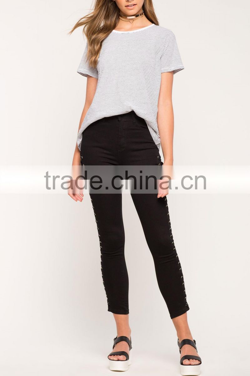 Wholesale high quality women 100% cotton o neck short sleeves stripe t shirt