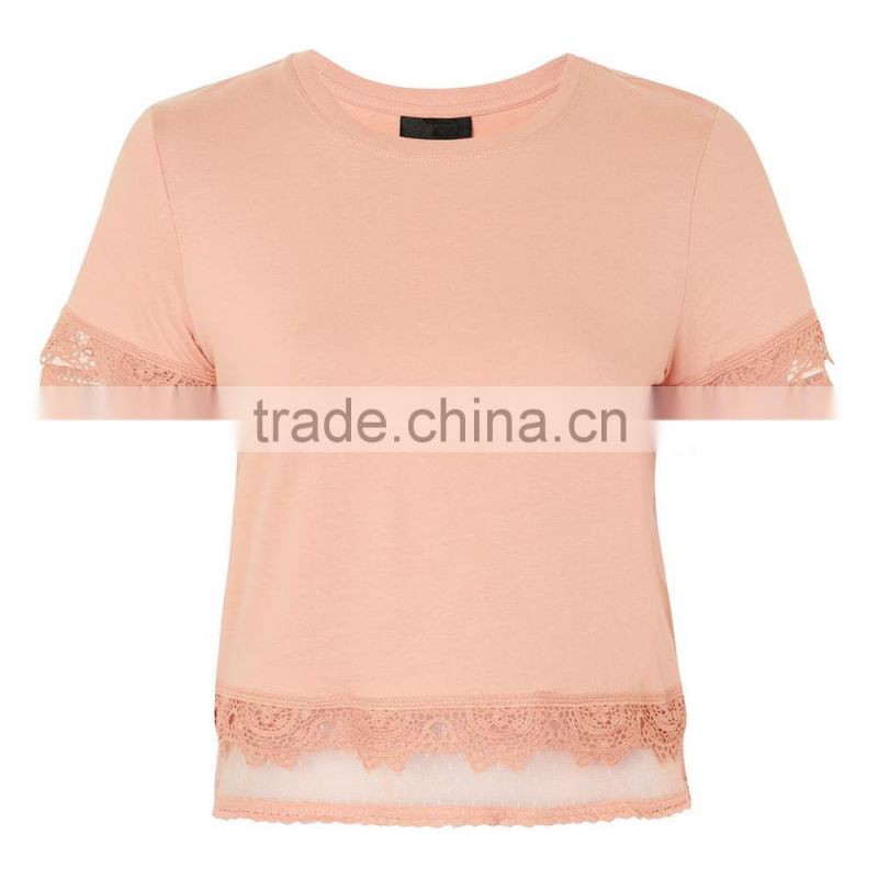 Custom 100% Cotton Dobby Trim Lace Detail T-Shirt Latest Design Girls Top
