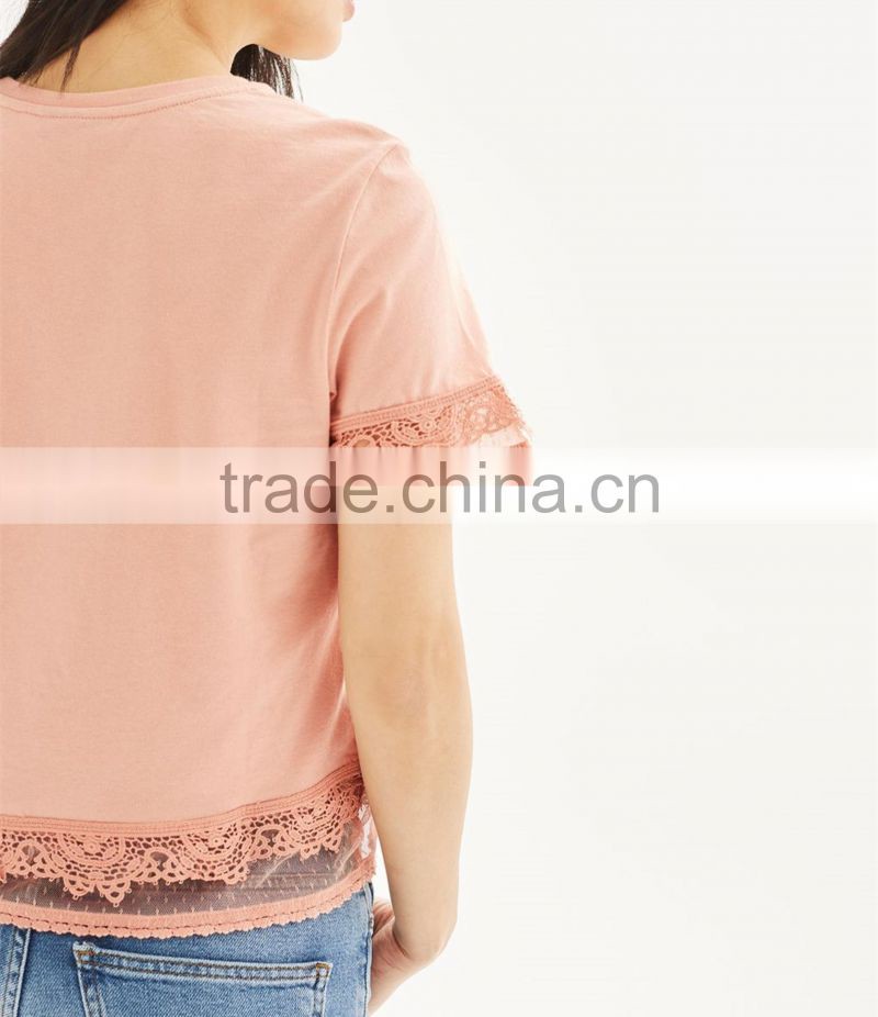 Custom 100% Cotton Dobby Trim Lace Detail T-Shirt Latest Design Girls Top